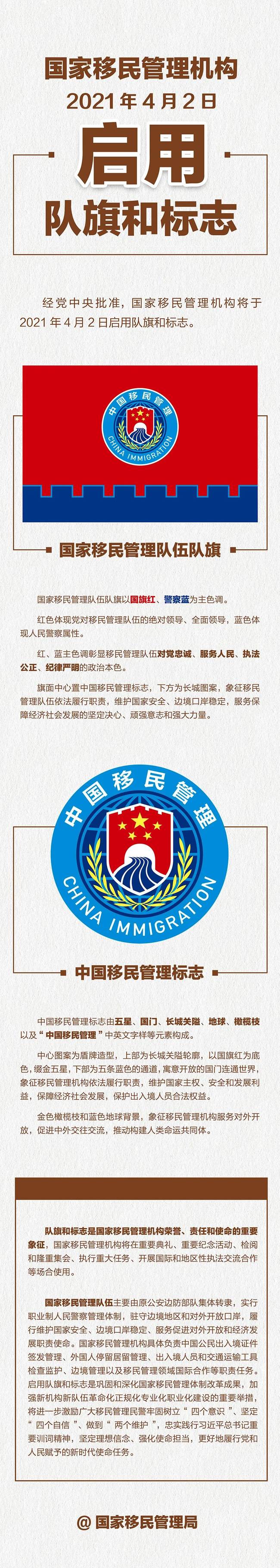 定了！国家移民管理机构4月2日启用队旗和标志
